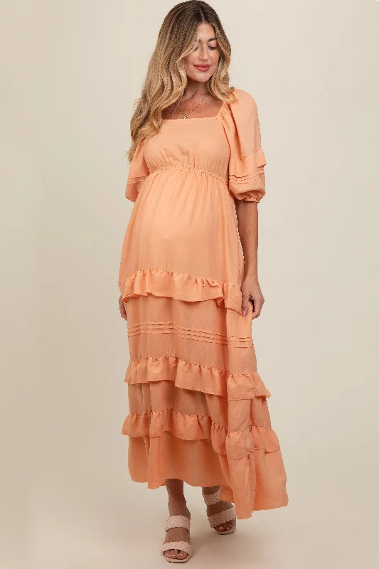 Peach Ruffle Tiered Maternity Maxi Dress Elegant Boho Maxi Dress
