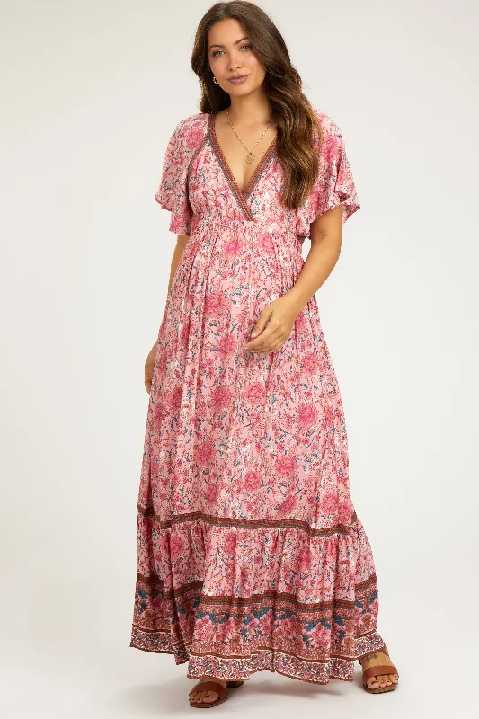 Pink Floral Flounce Sleeve Maternity Maxi Dress Elegant Lace Maxi Dress