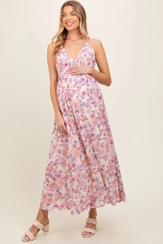 Pink Floral Mesh Sleeveless Maternity Maxi Dress Stylish Empire Waist Maxi Dress