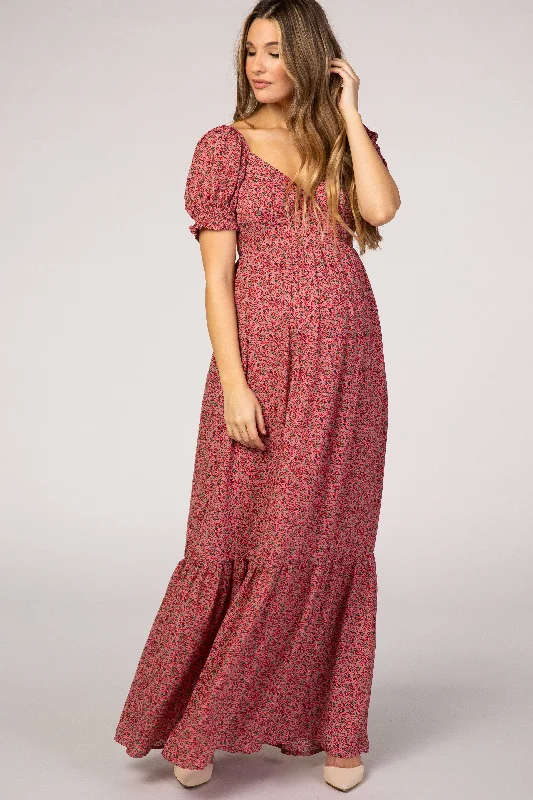 Pink Floral Puff Sleeve Maternity Maxi Dress Fashionable Layered Maxi Dress