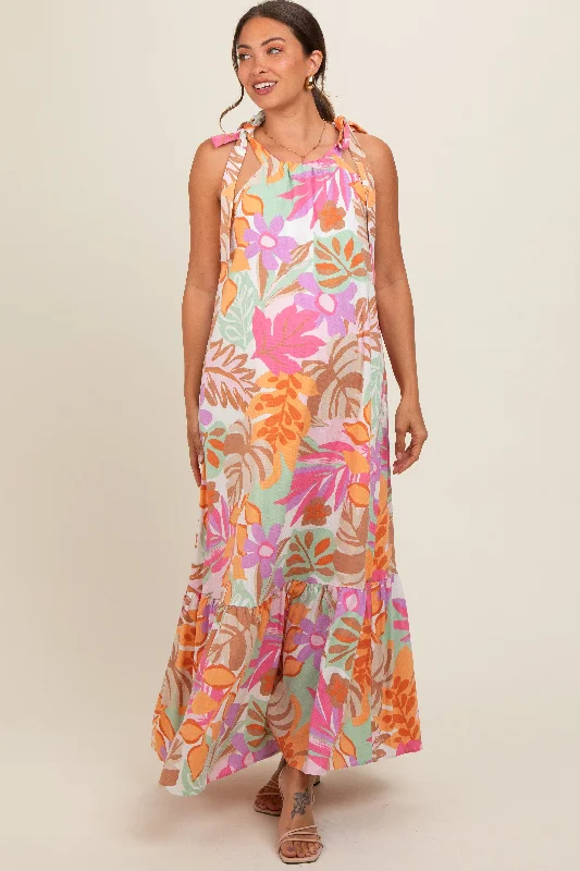 Pink Floral Shoulder Tie Empire Maternity Maxi Dress Chic Boho Print Maxi Dress