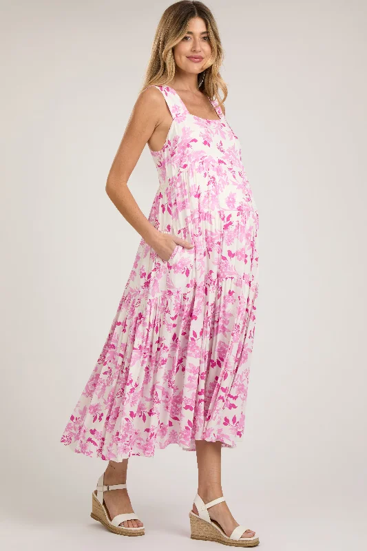 Pink Floral Sleeveless Tiered Maternity Maxi Dress Elegant Sleeveless Maxi Dress