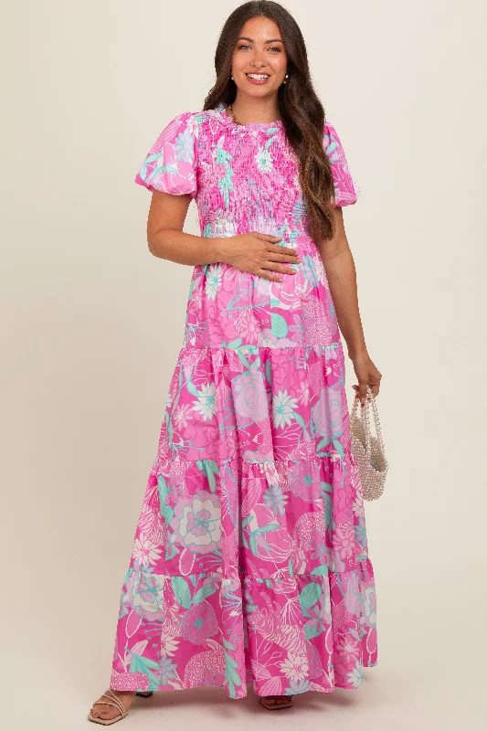 Pink Floral Smocked Short Puff Sleeve Tiered Maternity Maxi Dress Comfortable Maxi Dress with Sleeves Pink Floral Smocked Short Puff Sleeve Tiered Maternity Maxi Dress Comfortable Maxi Dress with Sleeves