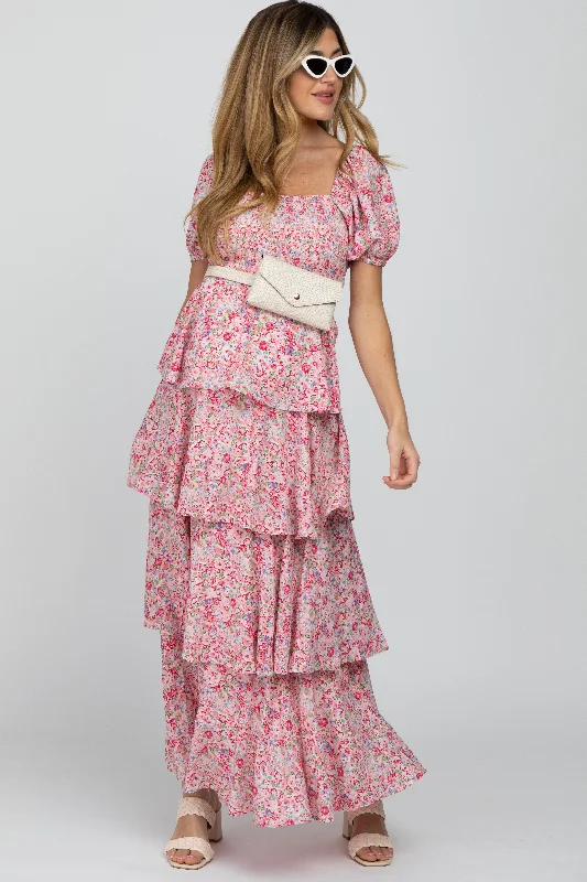 Pink Floral Square Neck Ruffle Layered Maternity Maxi Dress Chic Off-Shoulder Maxi Dress Pink Floral Square Neck Ruffle Layered Maternity Maxi Dress Chic Off-Shoulder Maxi Dress