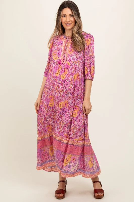 Pink Floral Tassel Tie Maternity Maxi Dress Comfortable Casual Maxi Dress