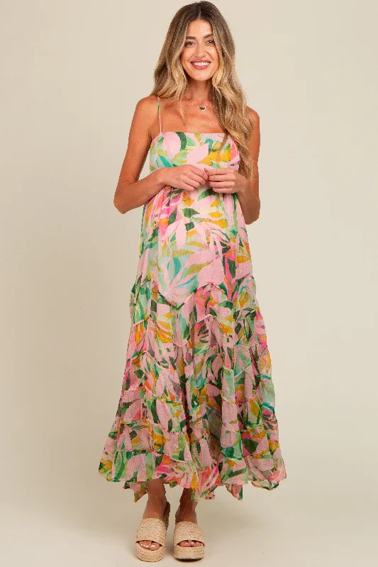 Pink Floral Tiered Ruffle Hem Maternity Maxi Dress Trendy Button Front Maxi Dress