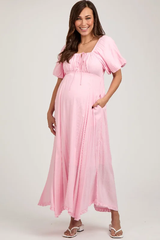 Pink Front Tie Puff Sleeve Maternity Maxi Dress Cozy Open-Back Maxi Dress