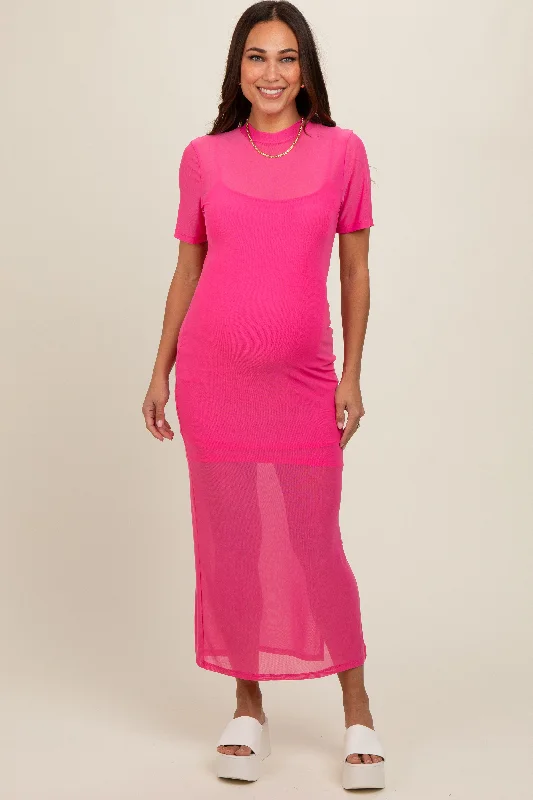 Pink Layered Mesh Maternity Maxi Dress Cozy Knitted Maxi Dress