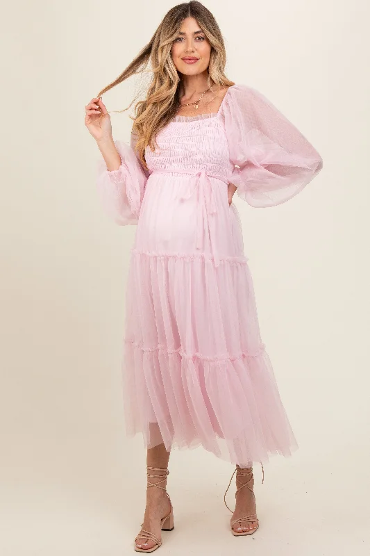 Pink Mesh Tiered Long Sleeve Maternity Maxi Dress Trendy Maxi Dress with Lace