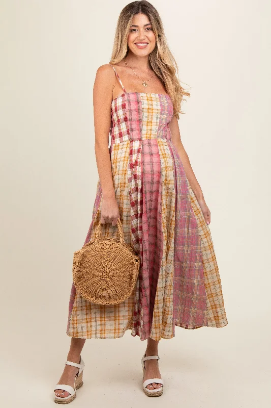 Pink Mixed Plaid Maternity Maxi Dress Trendy Floral Print Maxi Dress