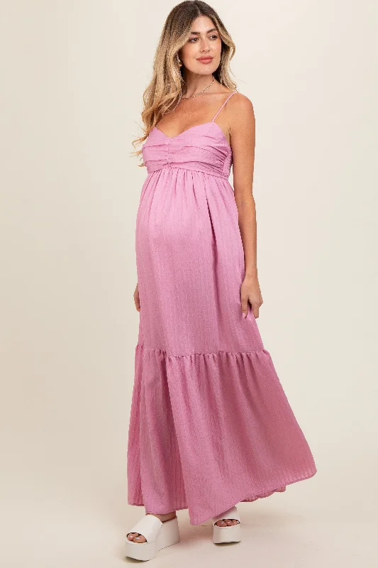 Pink Monochrome Stripe Maternity Maxi Dress Trendy Maxi Dress with Belt