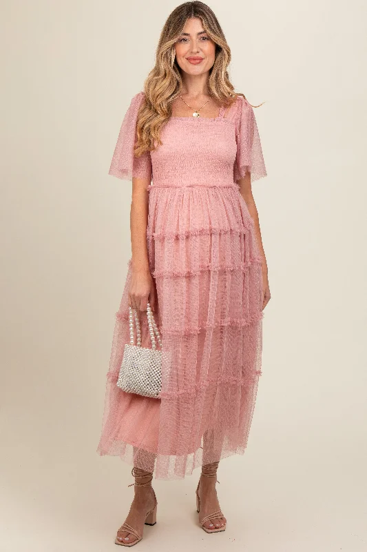 Pink Ruffled Mesh Maternity Maxi Dress Stylish Pleated A-Line Maxi Dress