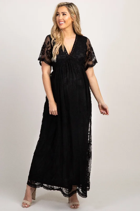 PinkBlush Black Lace Mesh Overlay Maternity Maxi Dress Cozy Maxi Dress with Slit