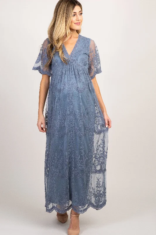 PinkBlush Blue Lace Mesh Overlay Maternity Maxi Dress Comfortable Pleated Maxi Dress PinkBlush Blue Lace Mesh Overlay Maternity Maxi Dress Comfortable Pleated Maxi Dress