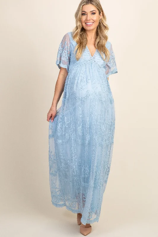 PinkBlush Light Blue Lace Mesh Overlay Maternity Maxi Dress Cozy Open-Back Maxi Dress
