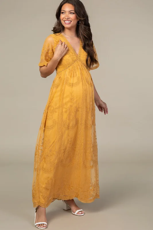 PinkBlush Mustard Lace Mesh Overlay Maternity Maxi Dress Trendy V-Neck Maxi Dress