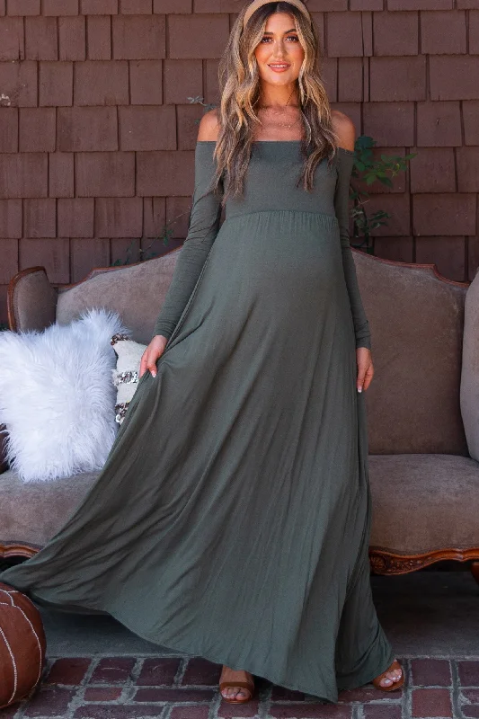 PinkBlush Petite Olive Solid Off Shoulder Maternity Maxi Dress Trendy V-Neck Maxi Dress PinkBlush Petite Olive Solid Off Shoulder Maternity Maxi Dress Trendy V-Neck Maxi Dress