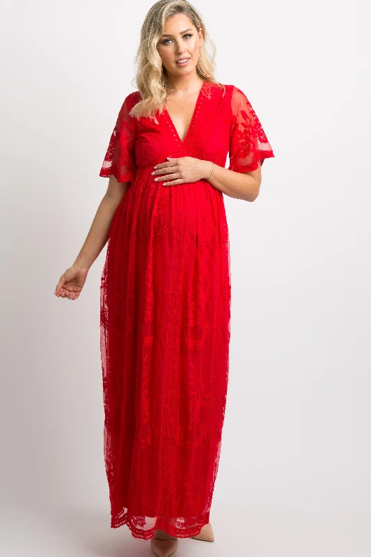 PinkBlush Red Lace Mesh Overlay Maternity Maxi Dress Stylish One-Shoulder Maxi Dress PinkBlush Red Lace Mesh Overlay Maternity Maxi Dress Stylish One-Shoulder Maxi Dress