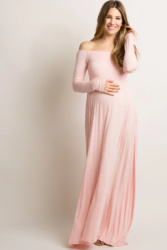 PinkBlush Tall Pink Solid Off Shoulder Maternity Maxi Dress Trendy Off-Shoulder Ruffle Maxi Dress PinkBlush Tall Pink Solid Off Shoulder Maternity Maxi Dress Trendy Off-Shoulder Ruffle Maxi Dress