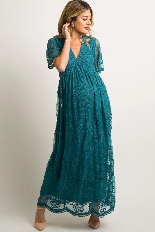 PinkBlush Teal Lace Mesh Overlay Maternity Maxi Dress Comfortable Ruffle Hem Maxi Dress PinkBlush Teal Lace Mesh Overlay Maternity Maxi Dress Comfortable Ruffle Hem Maxi Dress