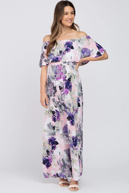 Purple Floral Ruffle Off Shoulder Maternity Maxi Dress Chic Summer Floral Maxi Dress Purple Floral Ruffle Off Shoulder Maternity Maxi Dress Chic Summer Floral Maxi Dress