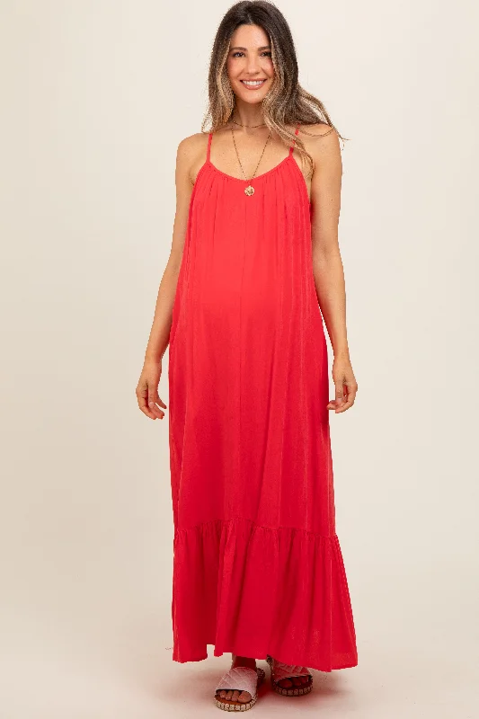 Red Crochet Lace Back Maternity Maxi Dress Trendy Printed Maxi Dress