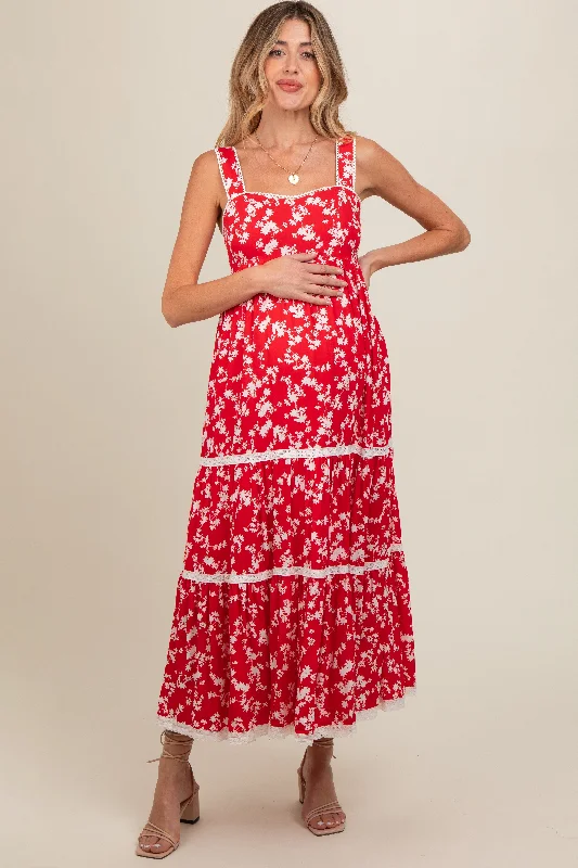 Red Floral Lace Trim Tiered Maternity Maxi Dress Casual Maxi Dress with Pockets