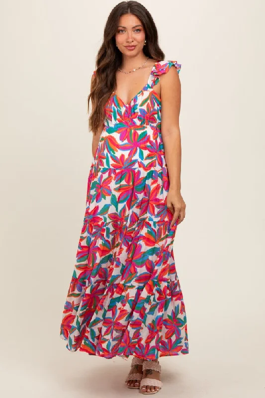Red Floral Tiered Maternity Maxi Dress Fashionable Button-Down Maxi Dress