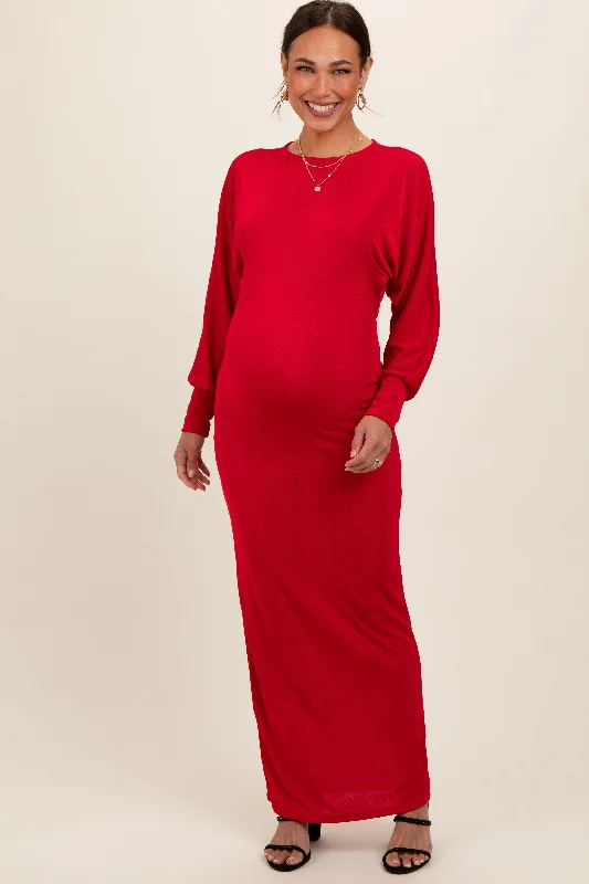 Red Long Sleeve Open Back Maternity Maxi Dress Fashionable Sheer Maxi Dress