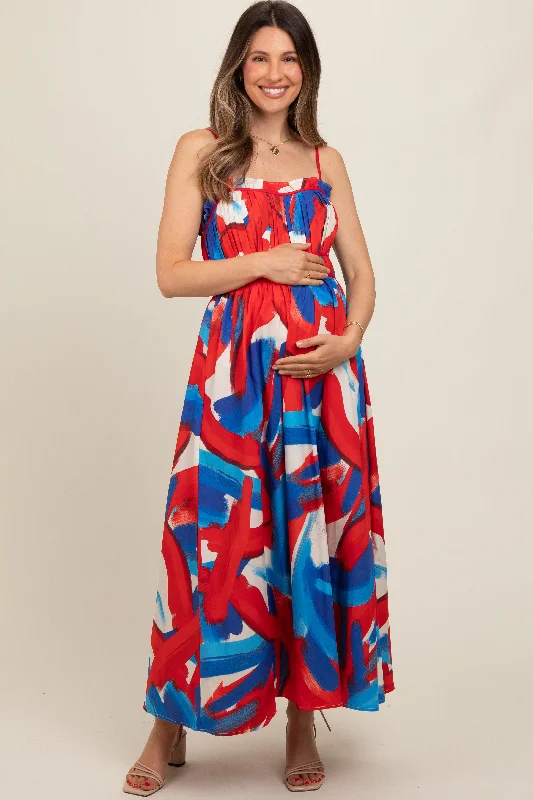 Red Pleated Binding Brushed Print Maternity Maxi Dress Trendy A-Line Maxi Dress