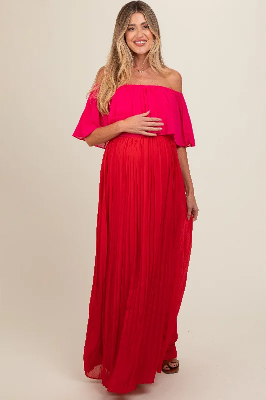 Red Pleated Off Shoulder Colorblock Maternity Maxi Dress Classic Solid Maxi Dress