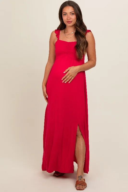 Red Ruffle Strap Maternity Maxi Dress Cozy Ruffle Sleeve Maxi Dress