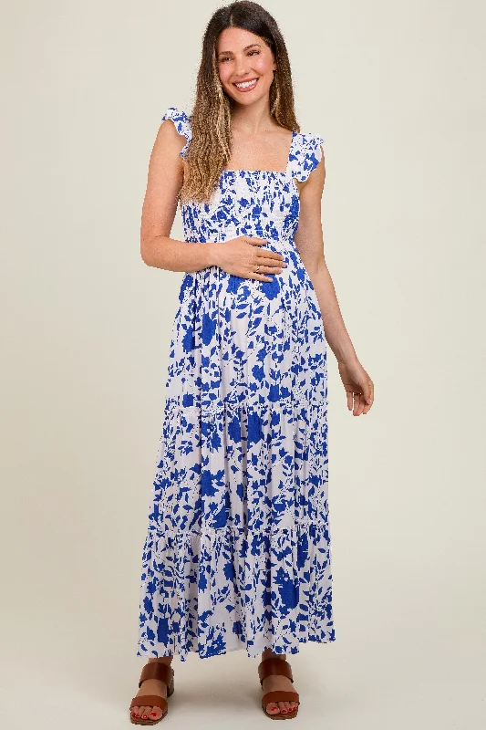 Royal Blue Ruffle Sleeve Tiered Maternity Maxi Dress Elegant Wraparound Maxi Dress