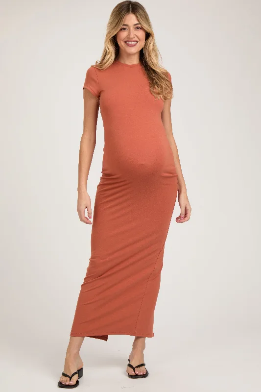 Rust Fitted Short Sleeve Maternity Maxi Dress Comfortable T-Shirt Maxi Dress
