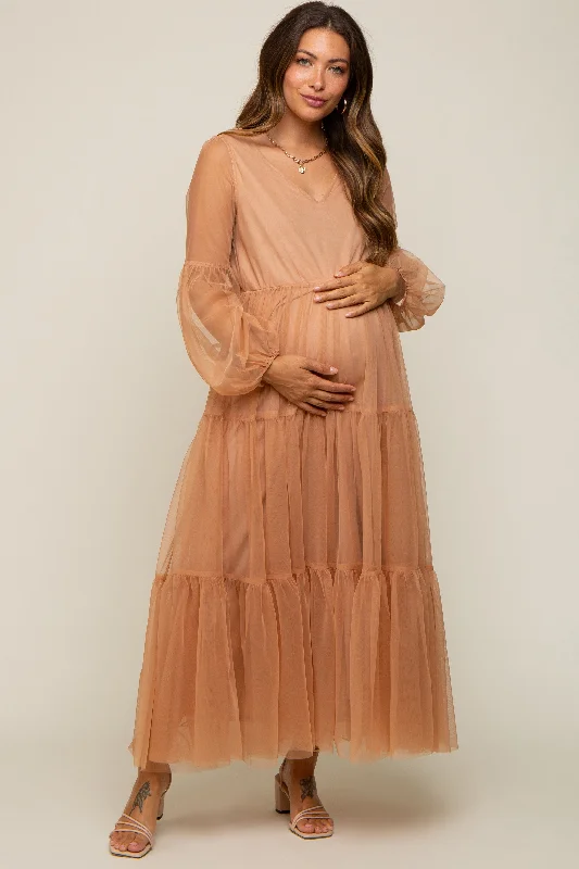 Rust Mesh Overlay Tiered Maternity Maxi Dress Casual Maxi Dress with Pockets