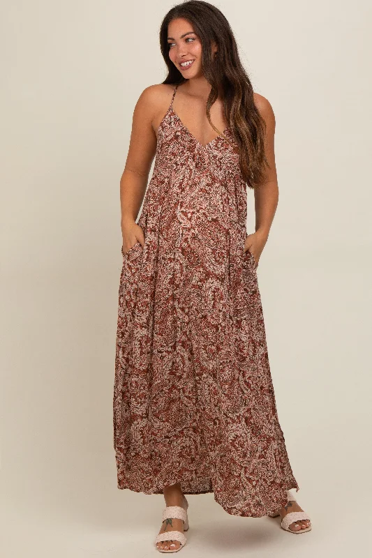 Rust Paisley Babydoll Cami Strap Maternity Maxi Dress Trendy Floral Print Maxi Dress Rust Paisley Babydoll Cami Strap Maternity Maxi Dress Trendy Floral Print Maxi Dress