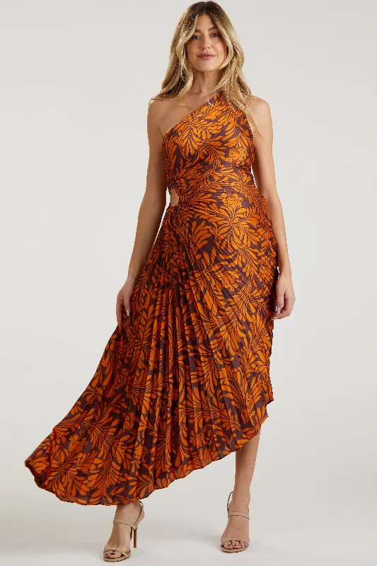 Rust Pleated Print One Shoulder Maternity Maxi Dress Cozy Ribbed Maxi Dress