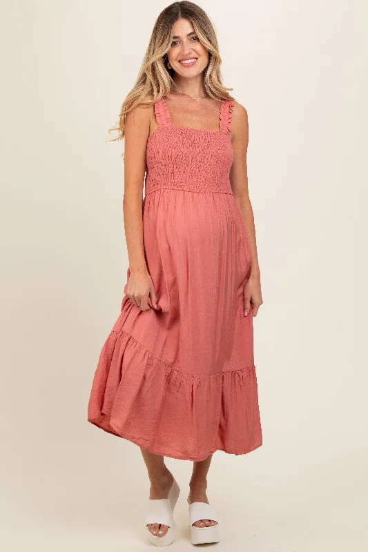 Rust Smocked Bodice Maternity Maxi Dress Stylish Boho Maxi Dress