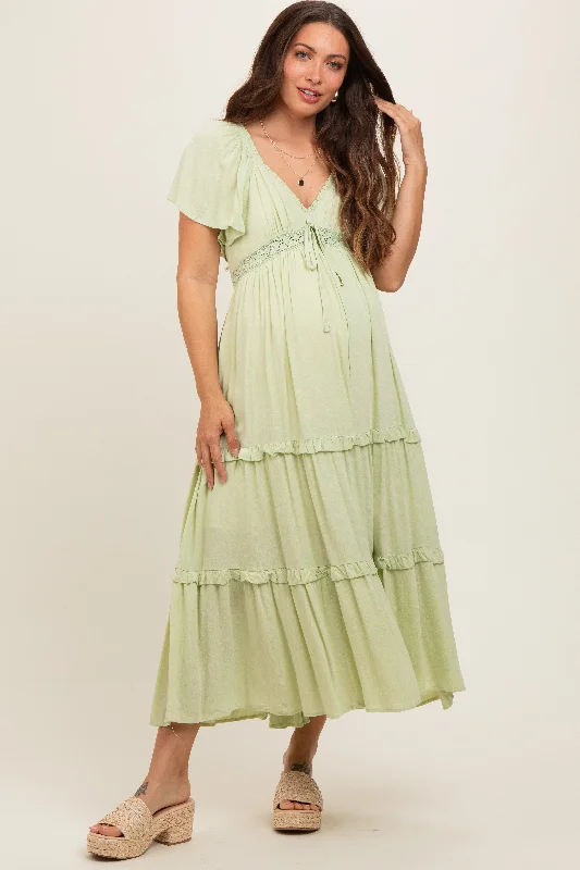 Sage Crochet Lace Tiered Ruffle Maternity Maxi Dress Classic A-Line Maxi Dress