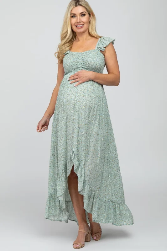 Sage Floral Smocked Hi-Low Maternity Maxi Dress Stylish One-Shoulder Maxi Dress