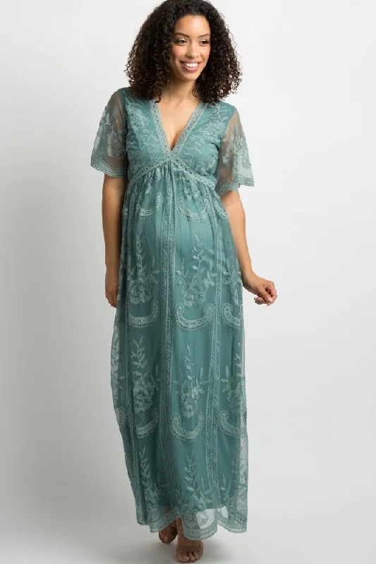Sage Lace Mesh Overlay Maternity Maxi Dress Elegant Velvet Maxi Dress