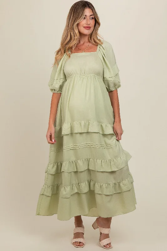 Sage Ruffle Tiered Maternity Maxi Dress Trendy Floral Print Maxi Dress
