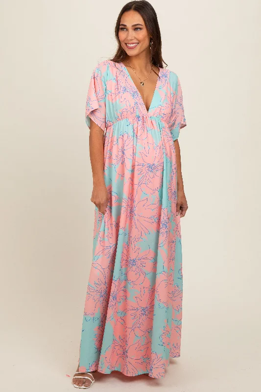 Salmon Floral Back Cutout Maternity Maxi Dress Elegant Tiered Maxi Dress