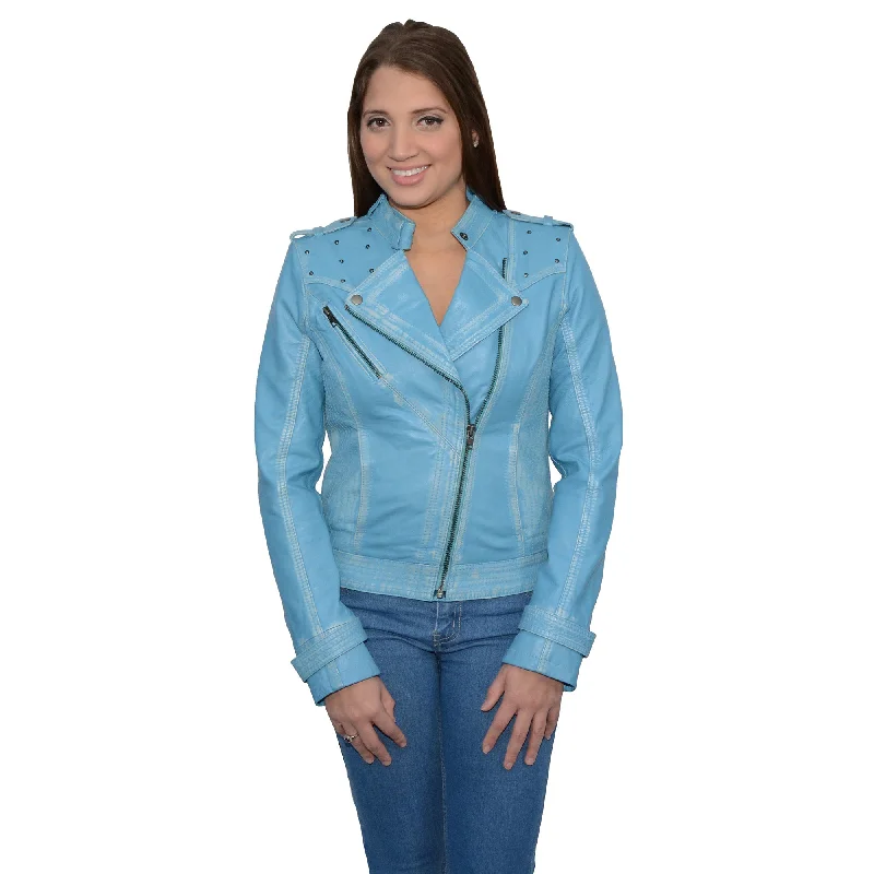 Women's Sheepskin Asymmetrical Moto Jacket w/ Studding Chenille Fabric Brocade Fabric Lace Fabric