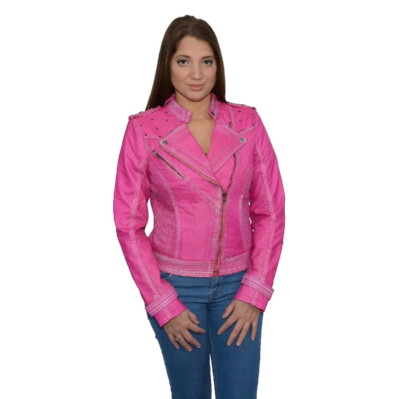 Women's Sheepskin Asymmetrical Moto Jacket w/ Studding Knit Fabric Woven Fabric Fleece Fabric