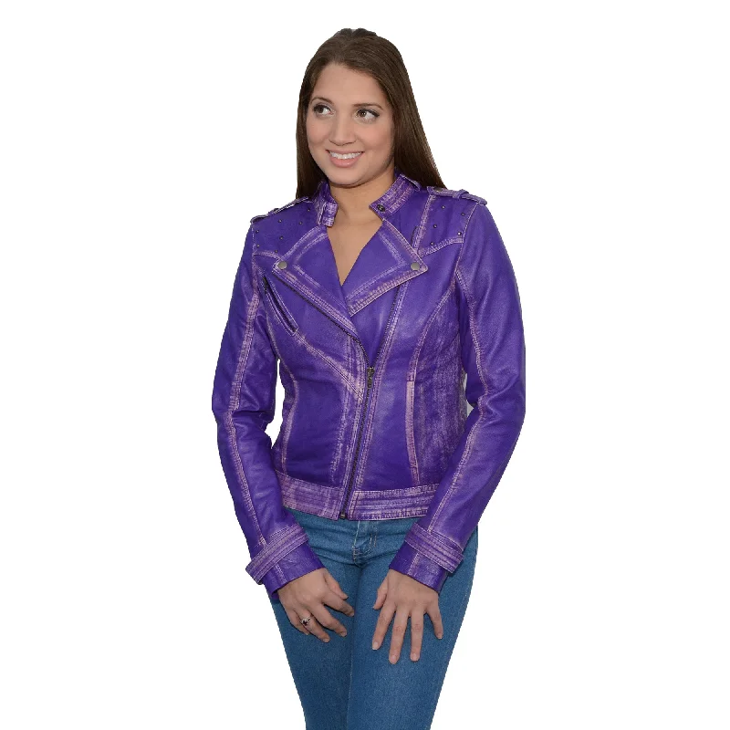 Women's Sheepskin Asymmetrical Moto Jacket w/ Studding Snapped Jacket Toggled Jacket Drawstring Jacket