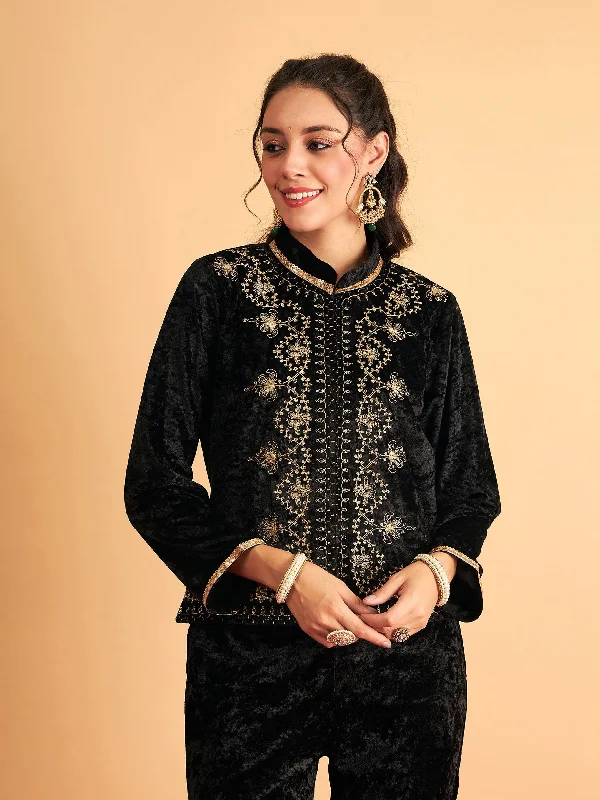 Women Black Velvet Front Embroidered Jacket A-Line Jacket Boat Neck Shawl Collar