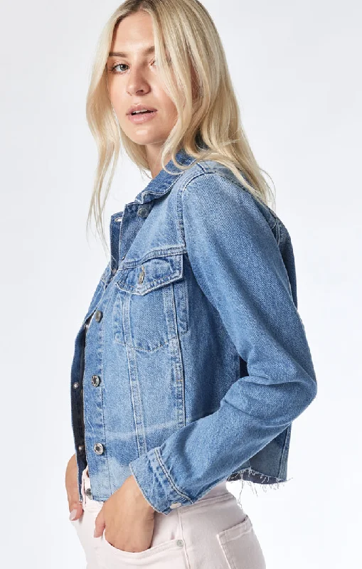 SIENNA CROP JACKET IN MID DENIM Faux Fur Jacket Real Fur Jacket Shearling Jacket