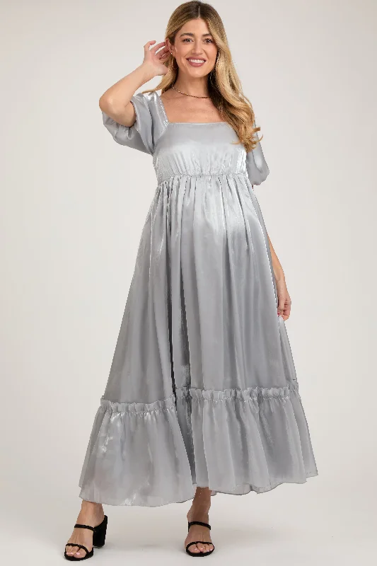 Silver Satin Square Neck Short Puff Sleeve Maternity Maxi Dress Elegant Silk Maxi Dress Silver Satin Square Neck Short Puff Sleeve Maternity Maxi Dress Elegant Silk Maxi Dress