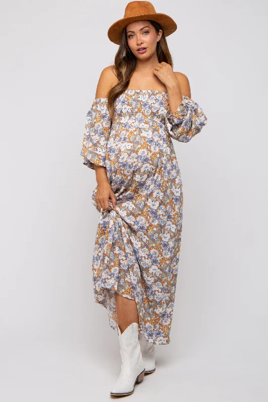Taupe Floral Print Off Shoulder Smocked Maternity Maxi Dress Fashionable Button-Down Maxi Dress Taupe Floral Print Off Shoulder Smocked Maternity Maxi Dress Fashionable Button-Down Maxi Dress
